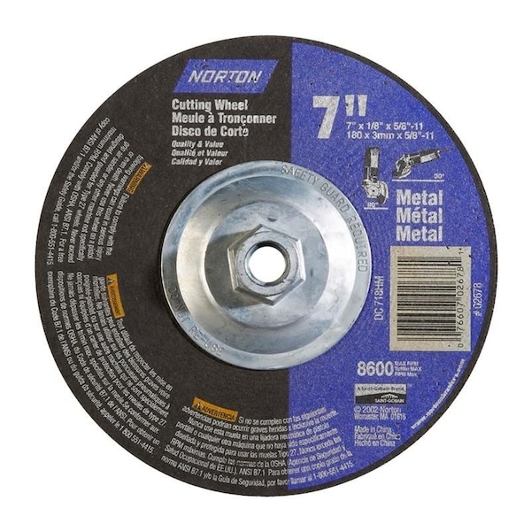 Norton Co Depressed Center Wheels, Type 27- Metal - Aluminum Oxide, Bulk UPC, 7 x 1/8 x 5/8-11, 8600 07660702678 - main